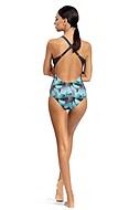 One-piece swimsuit, crossing straps, mesh inlay, geometric pattern